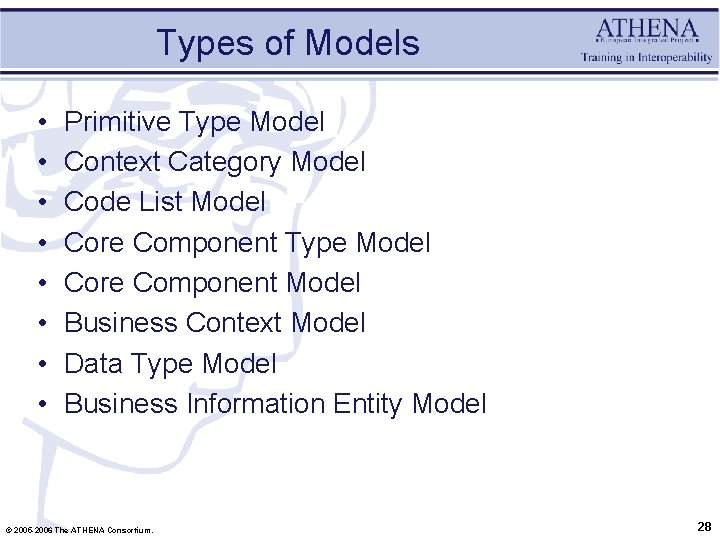 Types of Models • • Primitive Type Model Context Category Model Code List Model