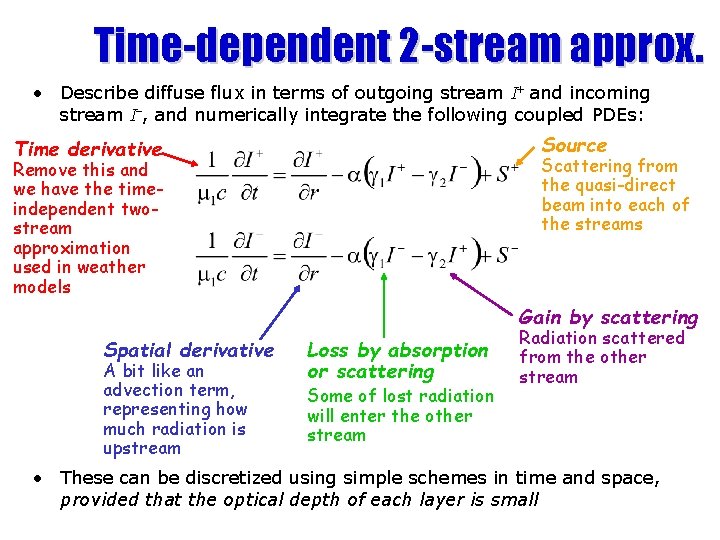 Time-dependent 2 -stream approx. • Describe diffuse flux in terms of outgoing stream I+