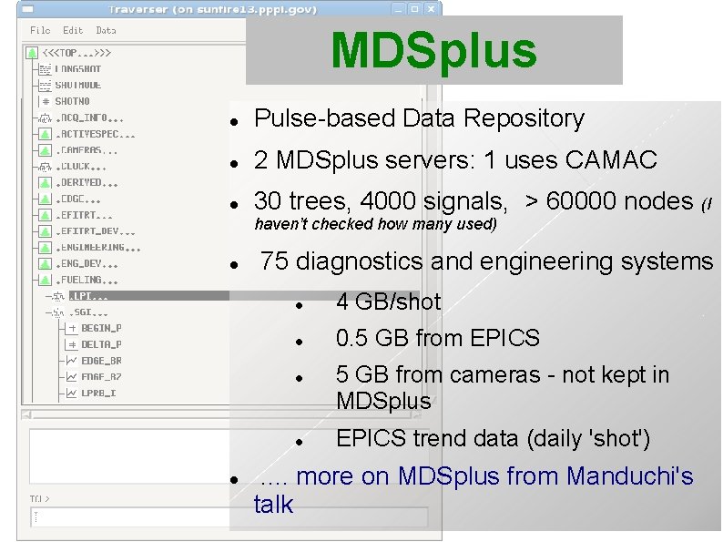 MDSplus Pulse-based Data Repository 2 MDSplus servers: 1 uses CAMAC 30 trees, 4000 signals,