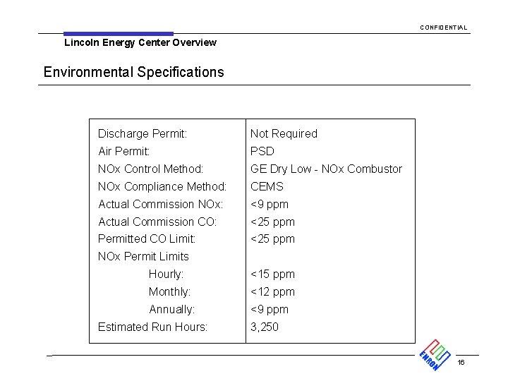 CONFIDENTIAL Lincoln Energy Center Overview Environmental Specifications Discharge Permit: Not Required Air Permit: PSD