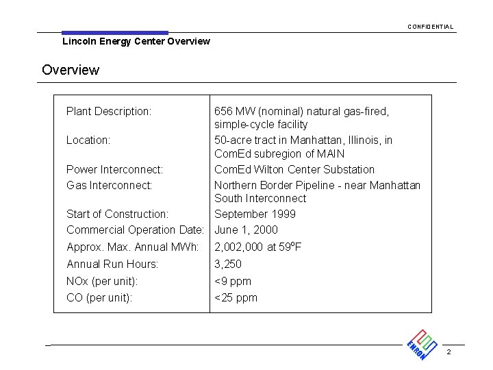 CONFIDENTIAL Lincoln Energy Center Overview Plant Description: 656 MW (nominal) natural gas-fired, simple-cycle facility