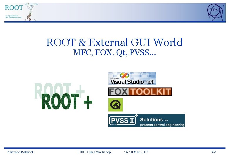 ROOT & External GUI World MFC, FOX, Qt, PVSS… Bertrand Bellenot ROOT Users Workshop