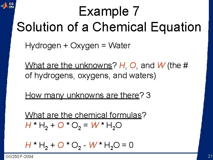 Example 7 Solution of a Chemical Equation Hydrogen + Oxygen = Water What are