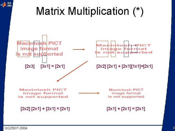 Matrix Multiplication (*) [2 x 3] [3 x 1] = [2 x 1] [2