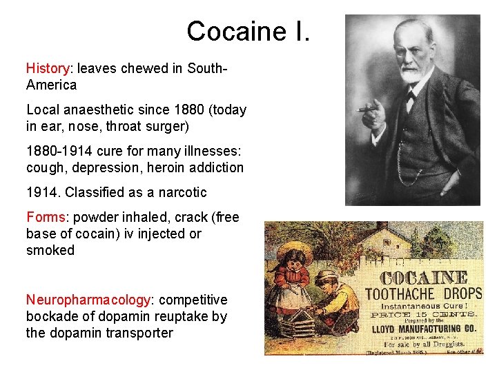 Cocaine I. History: leaves chewed in South. America Local anaesthetic since 1880 (today in