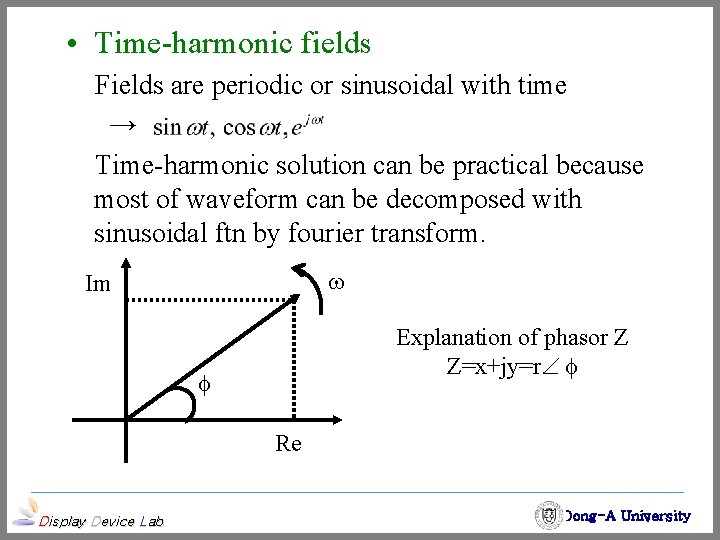  • Time-harmonic fields Fields are periodic or sinusoidal with time → Time-harmonic solution