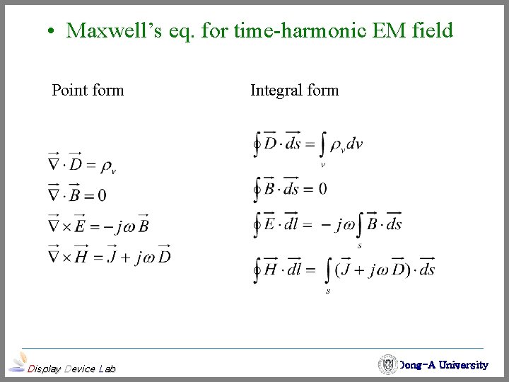  • Maxwell’s eq. for time-harmonic EM field Point form Display Device Lab Integral