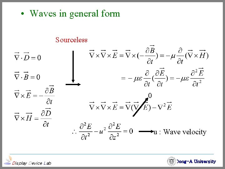  • Waves in general form Sourceless 0 u : Wave velocity Display Device