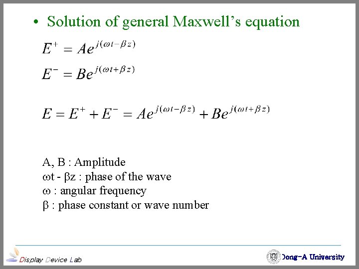  • Solution of general Maxwell’s equation A, B : Amplitude t - z