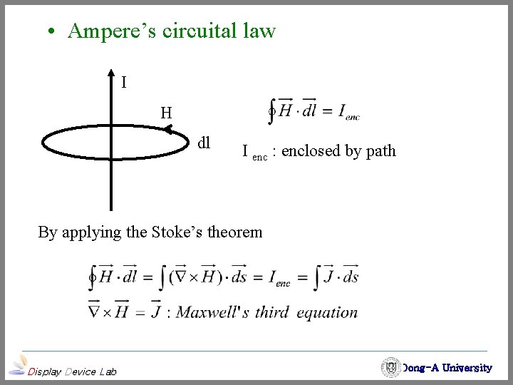  • Ampere’s circuital law I H dl I enc : enclosed by path