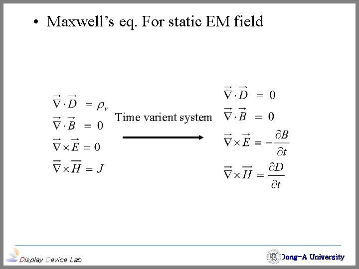  • Maxwell’s eq. For static EM field Time varient system Display Device Lab