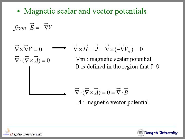  • Magnetic scalar and vector potentials Vm : magnetic scalar potential It is