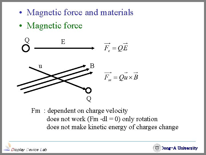  • Magnetic force and materials • Magnetic force Q E u B Q