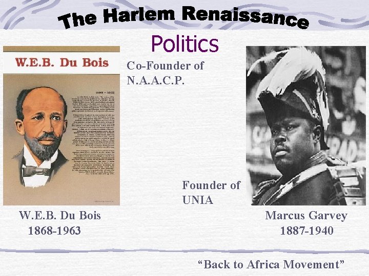 Politics Co-Founder of N. A. A. C. P. Founder of UNIA W. E. B.