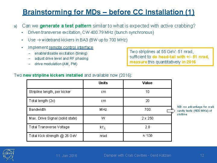 Brainstorming for MDs – before CC Installation (1) a) Can we generate a test