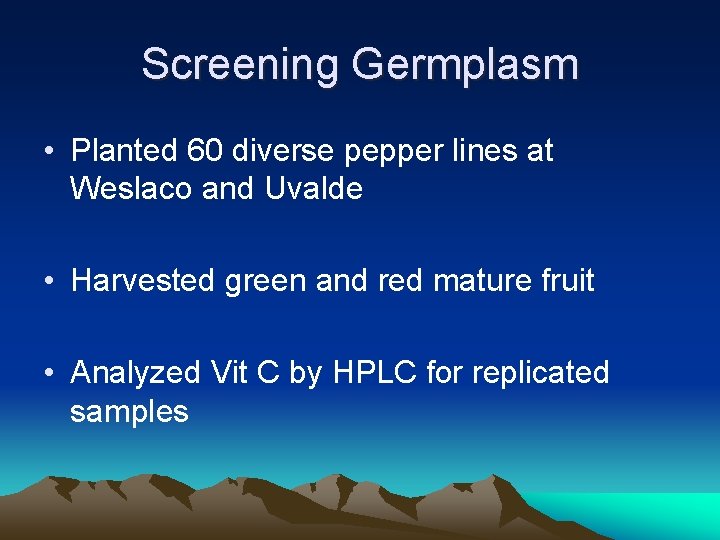 Screening Germplasm • Planted 60 diverse pepper lines at Weslaco and Uvalde • Harvested