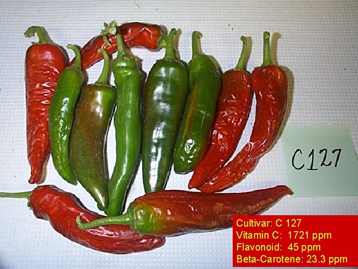 Cultivar: C 127 Vitamin C: 1721 ppm Flavonoid: 45 ppm Beta-Carotene: 23. 3 ppm