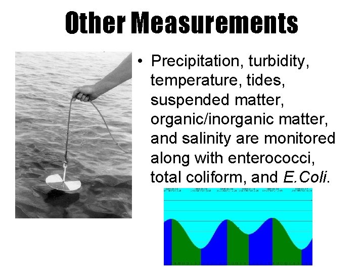 Other Measurements • Precipitation, turbidity, temperature, tides, suspended matter, organic/inorganic matter, and salinity are