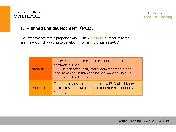 MAKING ZONING MORE FLEXIBLE 4、Planned unit development（PUD） The law provides that a property owner