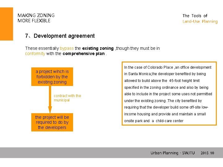 MAKING ZONING MORE FLEXIBLE 7、Development agreement These essentially bypass the existing zoning , though