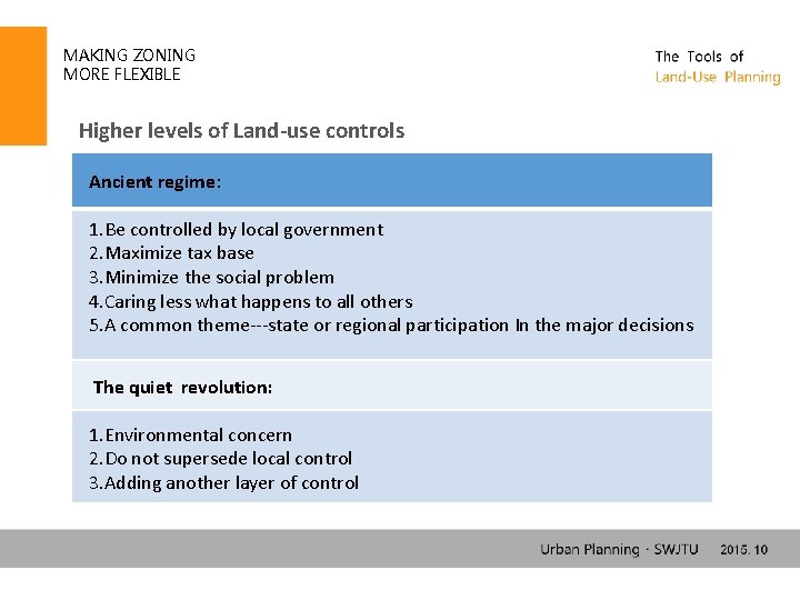 MAKING ZONING MORE FLEXIBLE Higher levels of Land-use controls Ancient regime: 1. Be controlled