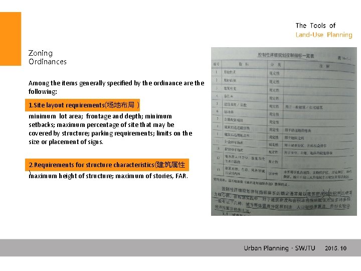 Zoning Ordinances Among the items generally specified by the ordinance are the following: 1.
