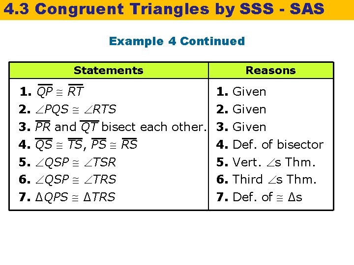 4. 3 Congruent Triangles by SSS - SAS Example 4 Continued Statements 1. QP