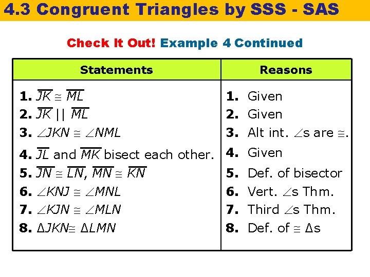 4. 3 Congruent Triangles by SSS - SAS Check It Out! Example 4 Continued