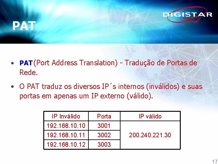 PAT • PAT (Port Address Translation) - Tradução de Portas de Rede. • O