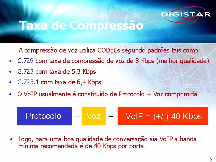 Taxa de Compressão A compressão de voz utiliza CODECs segundo padrões tais como: •