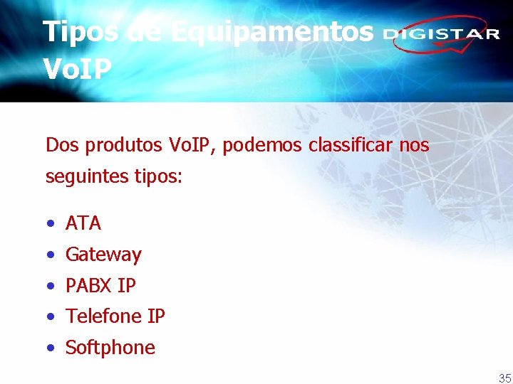 Tipos de Equipamentos Vo. IP Dos produtos Vo. IP, podemos classificar nos seguintes tipos: