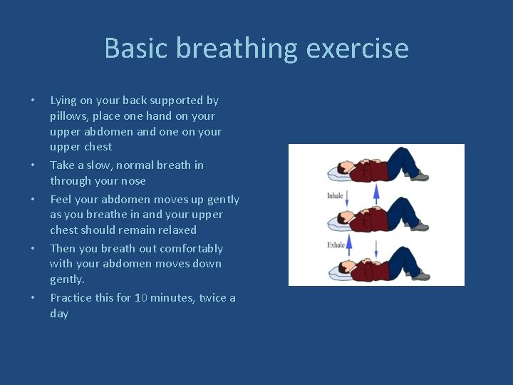 Basic breathing exercise • • • Lying on your back supported by pillows, place