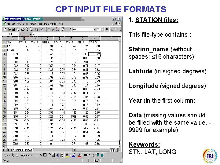 CPT INPUT FILE FORMATS 1. STATION files: This file-type contains : Station_name (without spaces;