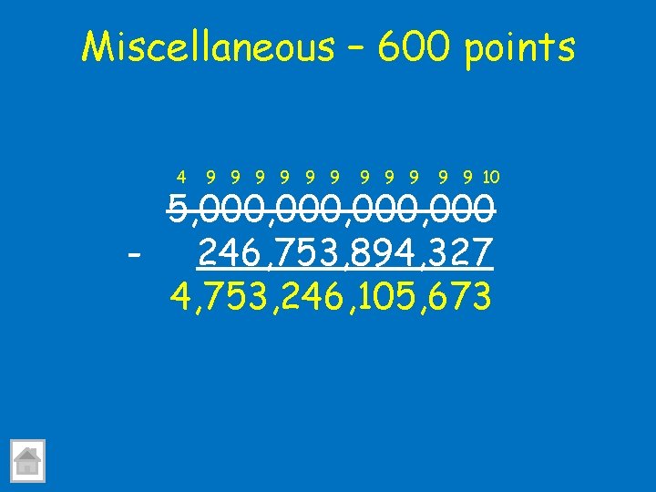 Miscellaneous – 600 points 4 9 9 9 10 5, 000, 000 - 246,