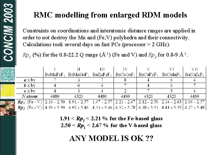 RMC modelling from enlarged RDM models Constraints on coordinations and interatomic distance ranges are