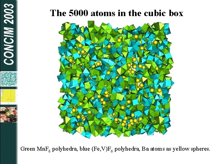 The 5000 atoms in the cubic box Green Mn. F 6 polyhedra, blue (Fe,