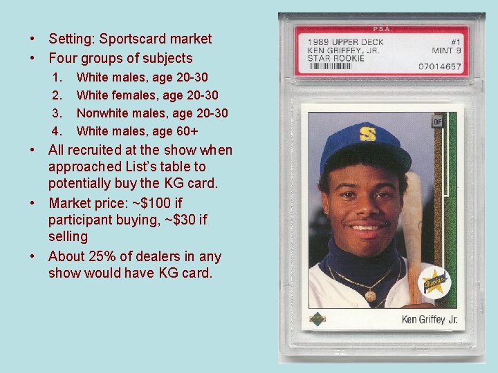  • Setting: Sportscard market • Four groups of subjects 1. 2. 3. 4.