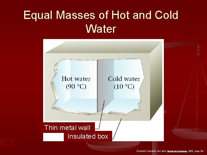 Equal Masses of Hot and Cold Water Thin metal wall Insulated box Zumdahl, De.