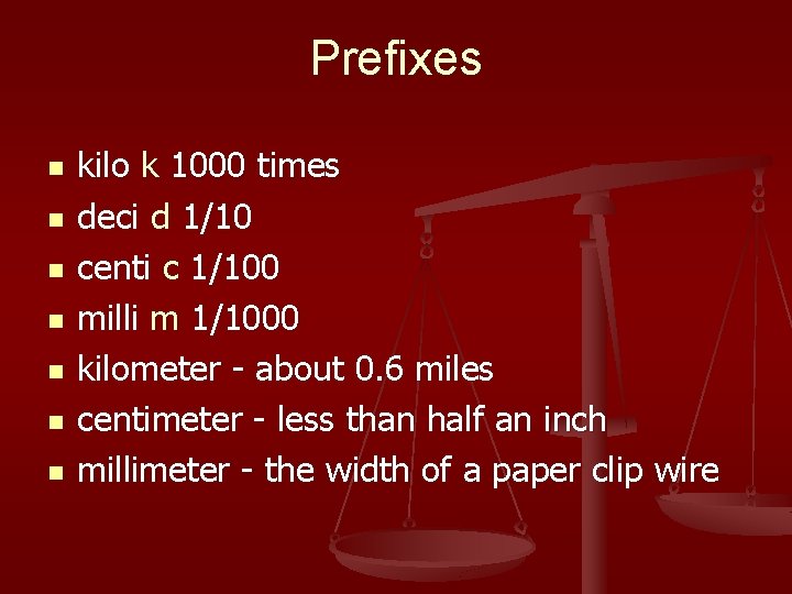 Prefixes n n n n kilo k 1000 times deci d 1/10 centi c