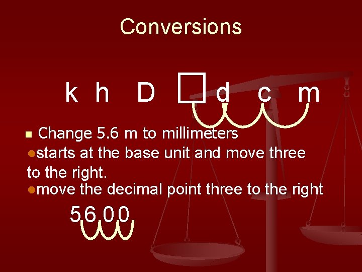 Conversions k h D d c m Change 5. 6 m to millimeters lstarts
