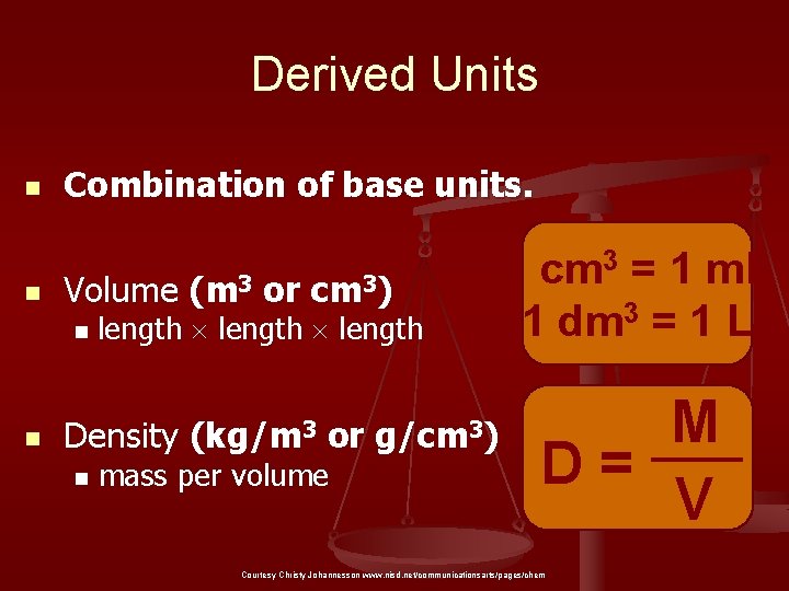 Derived Units n n Combination of base units. Volume (m 3 or cm 3)