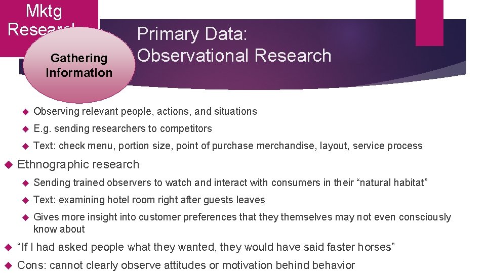 Mktg Research Gathering Information Primary Data: Observational Research Observing relevant people, actions, and situations