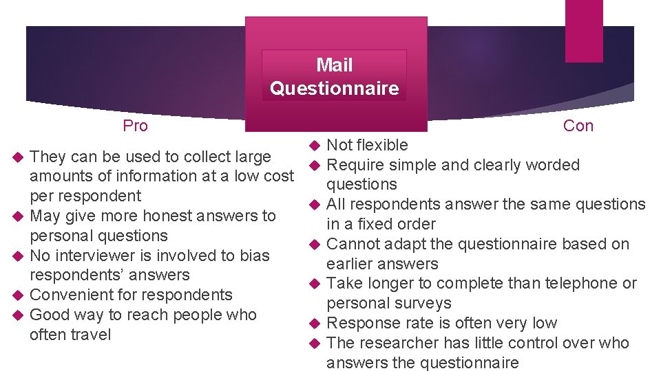 Mail Questionnaire Con Pro They can be used to collect large amounts of information