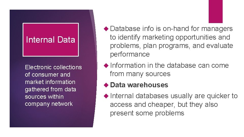  Database Internal Data Electronic collections of consumer and market information gathered from data