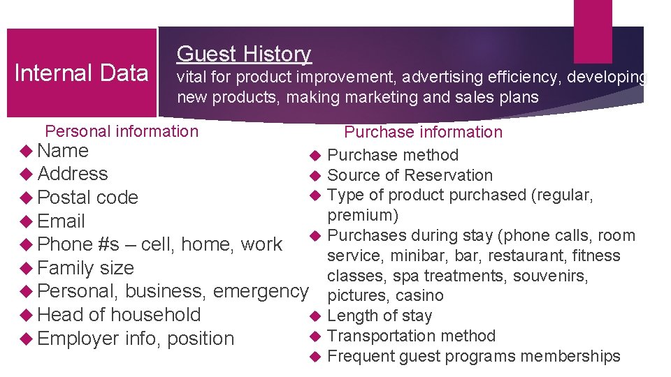 Internal Data Guest History vital for product improvement, advertising efficiency, developing new products, making