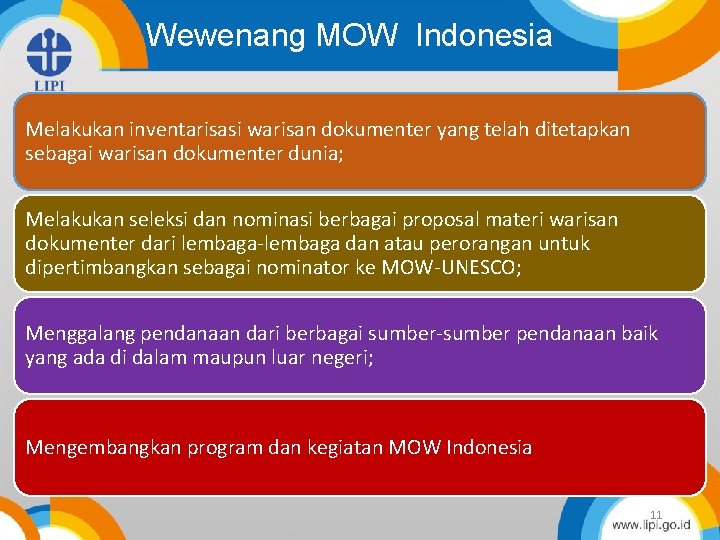 Wewenang MOW Indonesia Melakukan inventarisasi warisan dokumenter yang telah ditetapkan sebagai warisan dokumenter dunia;