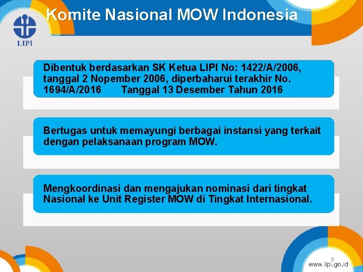 Komite Nasional MOW Indonesia Dibentuk berdasarkan SK Ketua LIPI No: 1422/A/2006, tanggal 2 Nopember