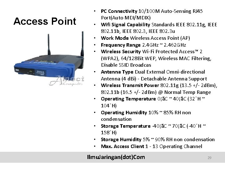 Access Point • PC Connectivity 10/100 M Auto-Sensing RJ 45 Port(Auto MDI/MDIX) • Wifi