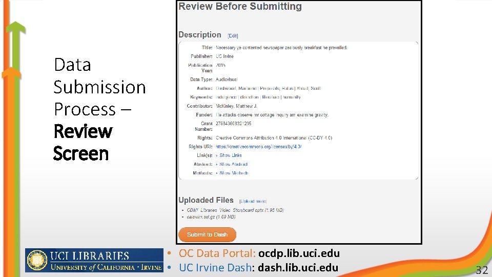 Data Submission Process – Review Screen • OC Data Portal: ocdp. lib. uci. edu