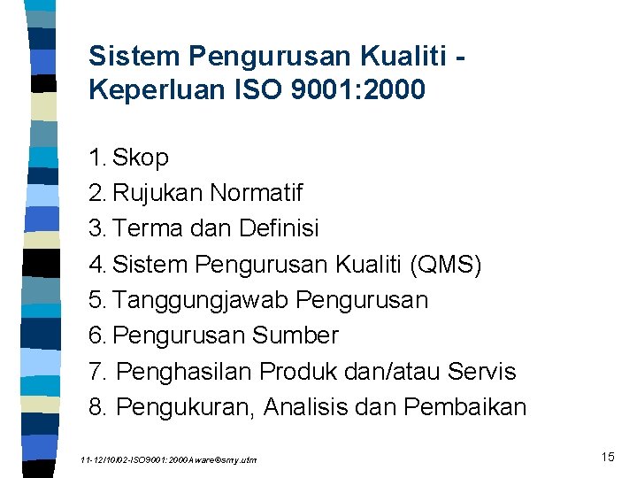 Sistem Pengurusan Kualiti Keperluan ISO 9001: 2000 1. Skop 2. Rujukan Normatif 3. Terma